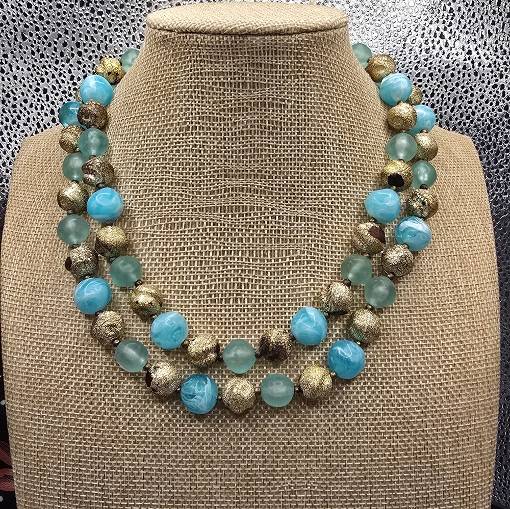 Vintage Lisner Vibrant Blues & Gold Beaded Double Strand Necklace